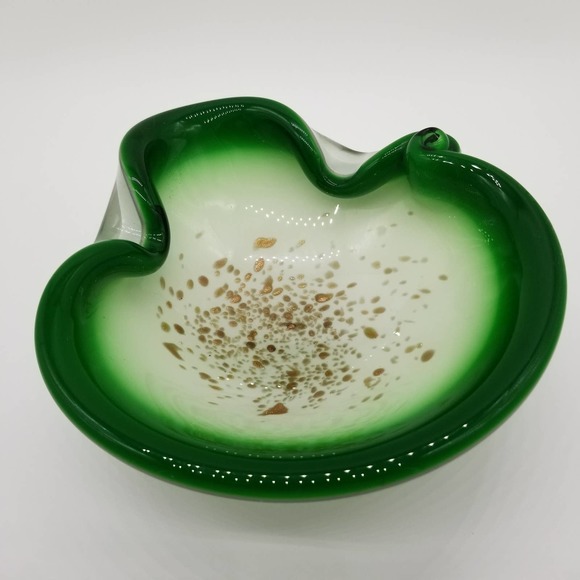 Art Glass Ash Tray Green White Gold Flecks - Picture 2 of 13